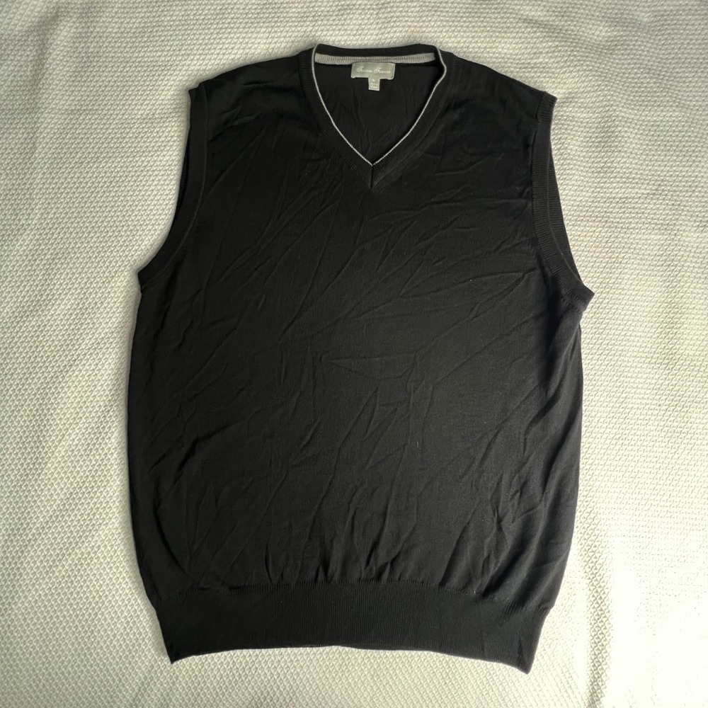 Toscano Firenze Mens XL Black 100% Merino Wool V Neck‎ Sweater Vest Sleeveless